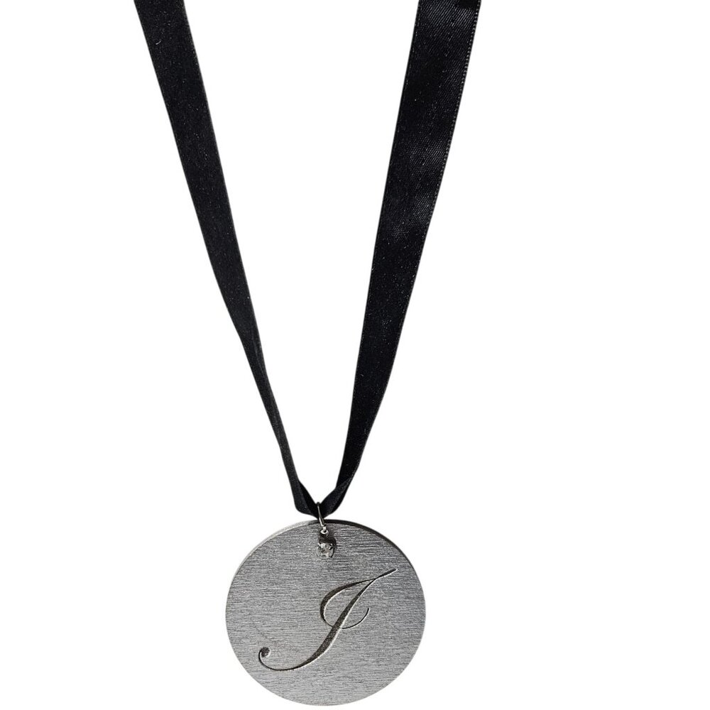 Silver Tone Monogrammed J Disc Pendant Necklace Black Ribbon Fashion Jewelry